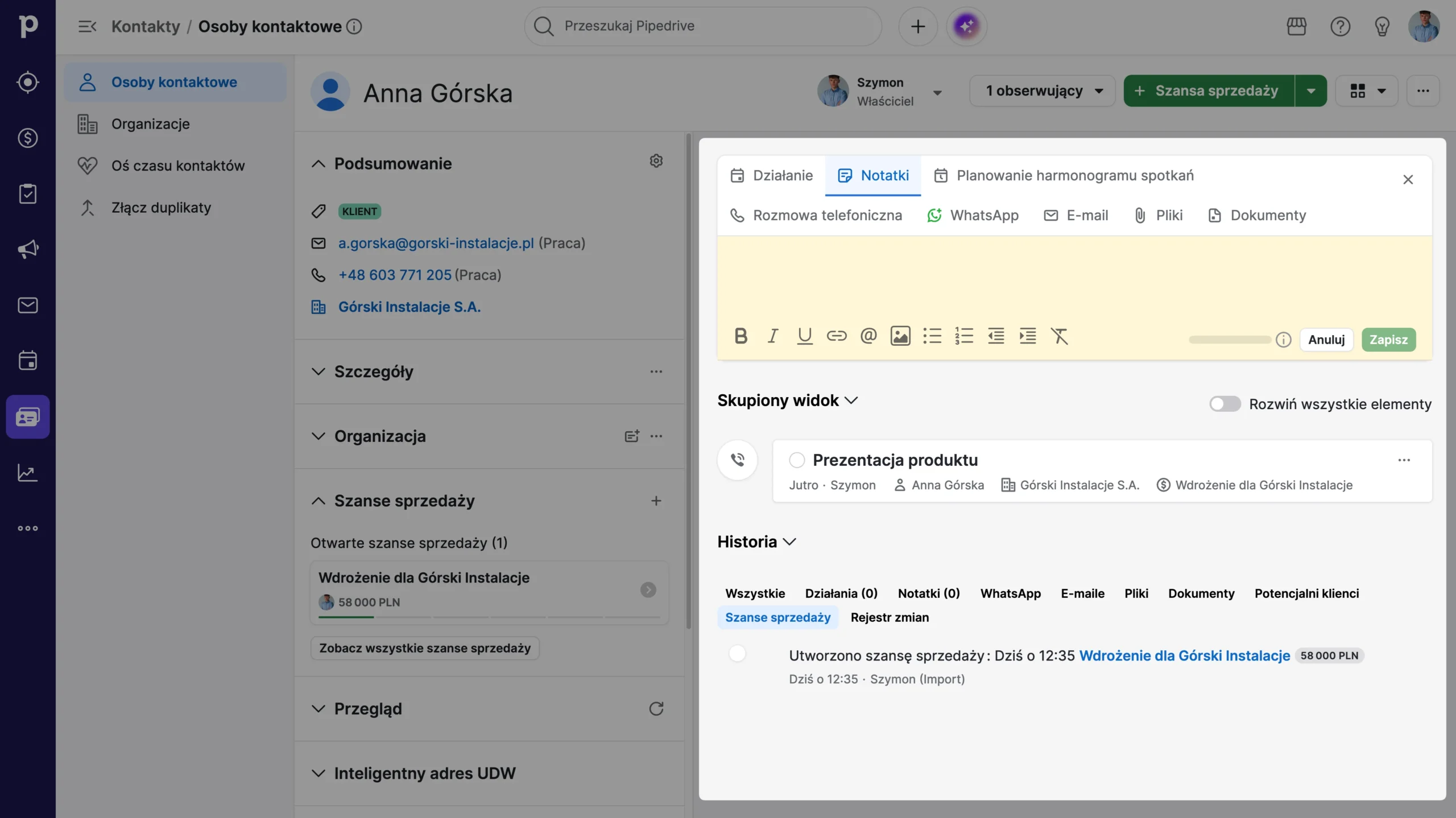 druga połowa karty kontaktu w pipedrive