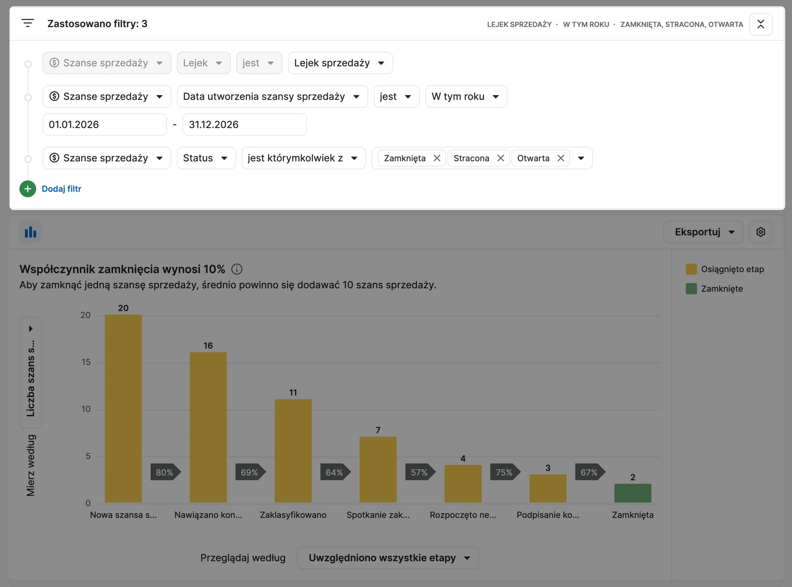 filtry w raporcie pipedrive crm
