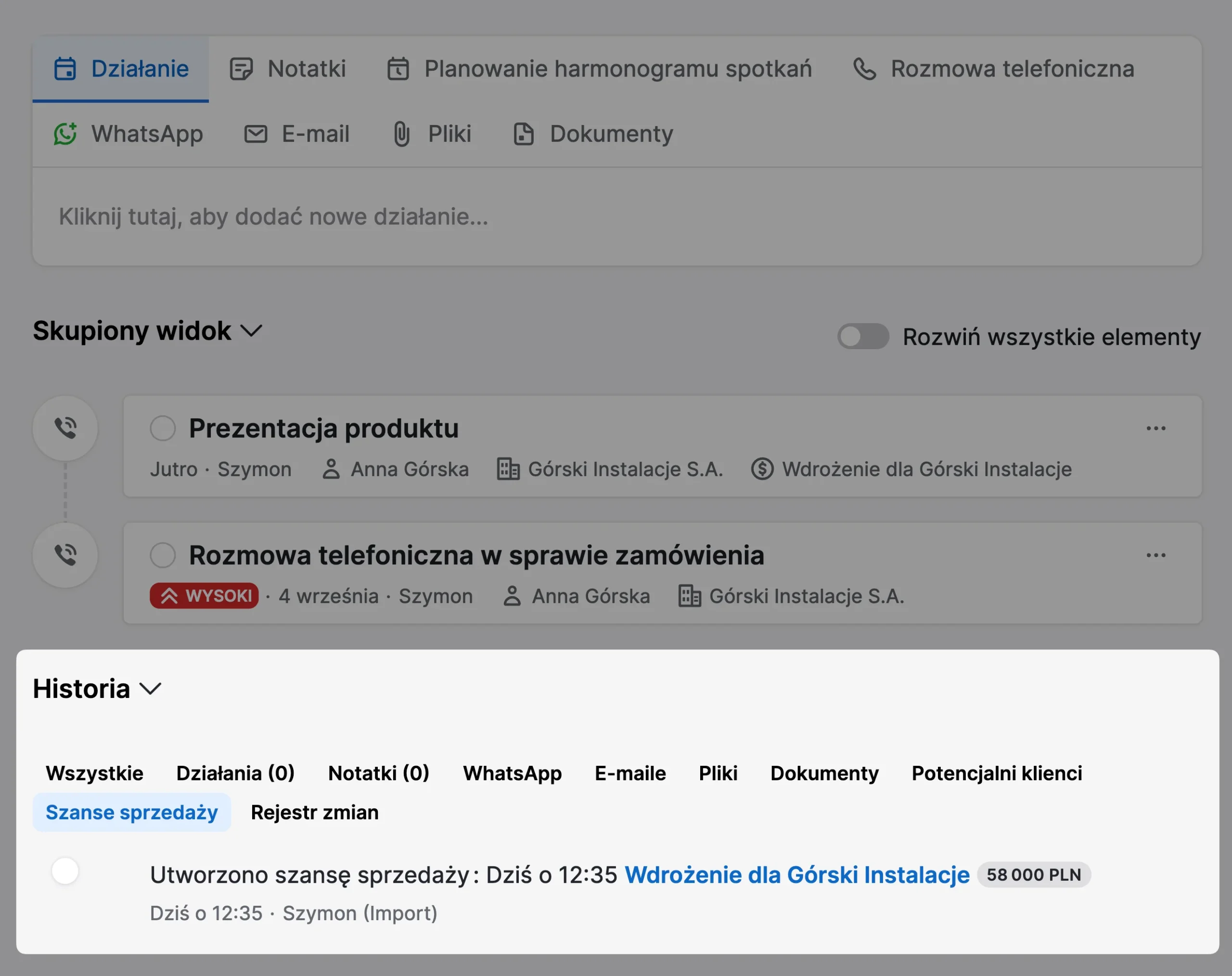 historia na karcie kontaktu w pipedrive crm