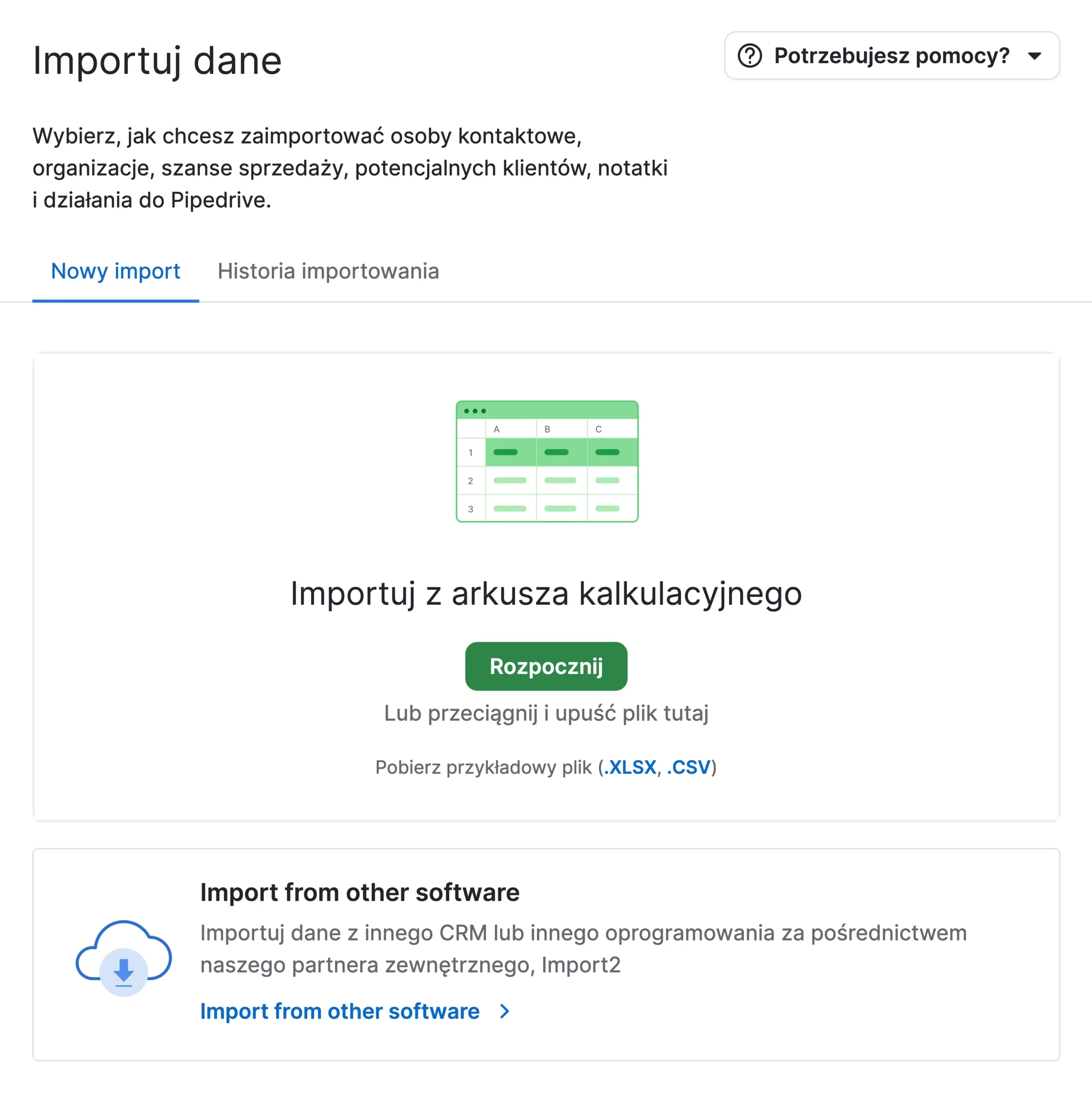 importowanie danych do pipedrive - interfejs procesu