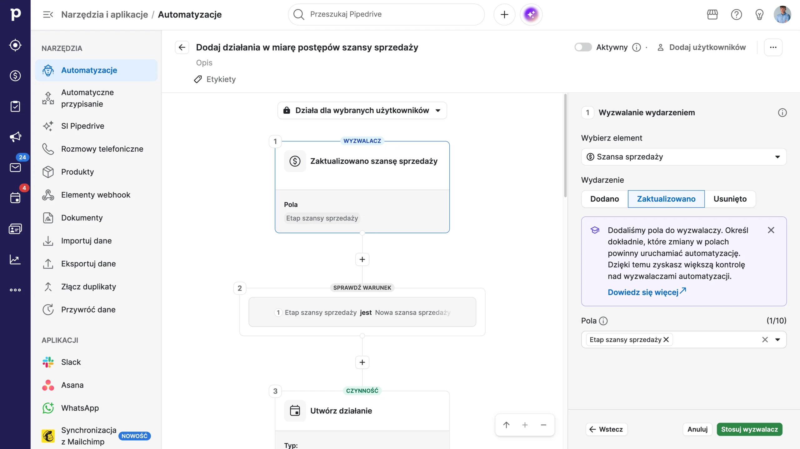 kreator automatyzacji w systemie pipedrive crm - interfejs edytora