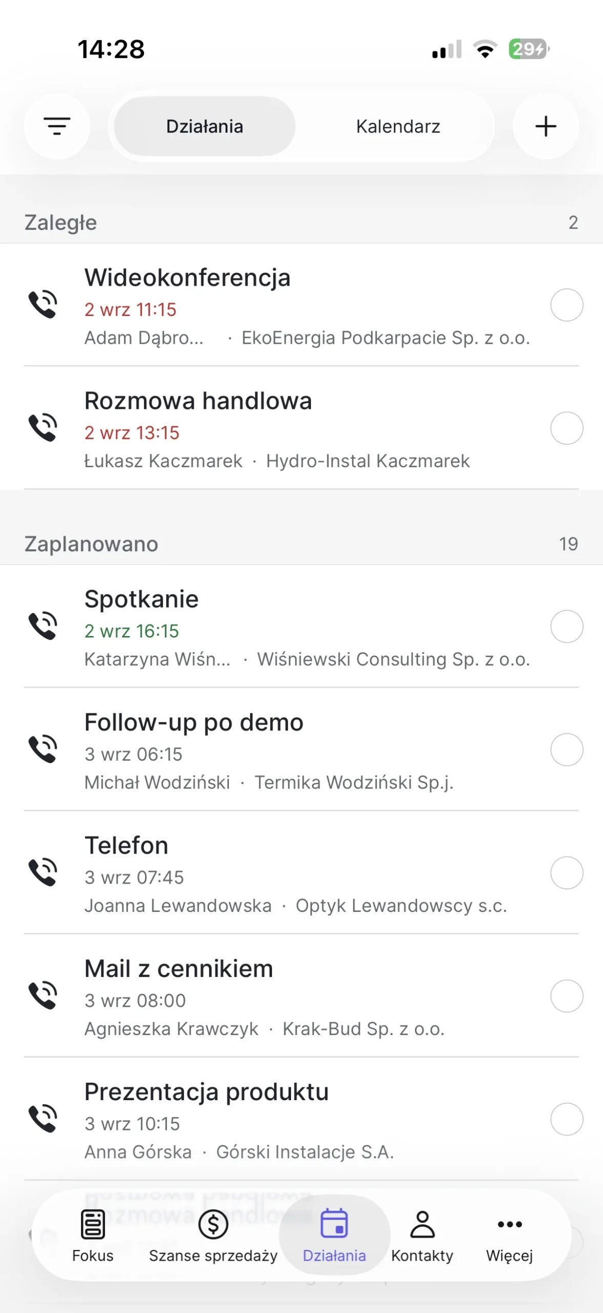 lista działań w aplikacji mobilnej pipedrive