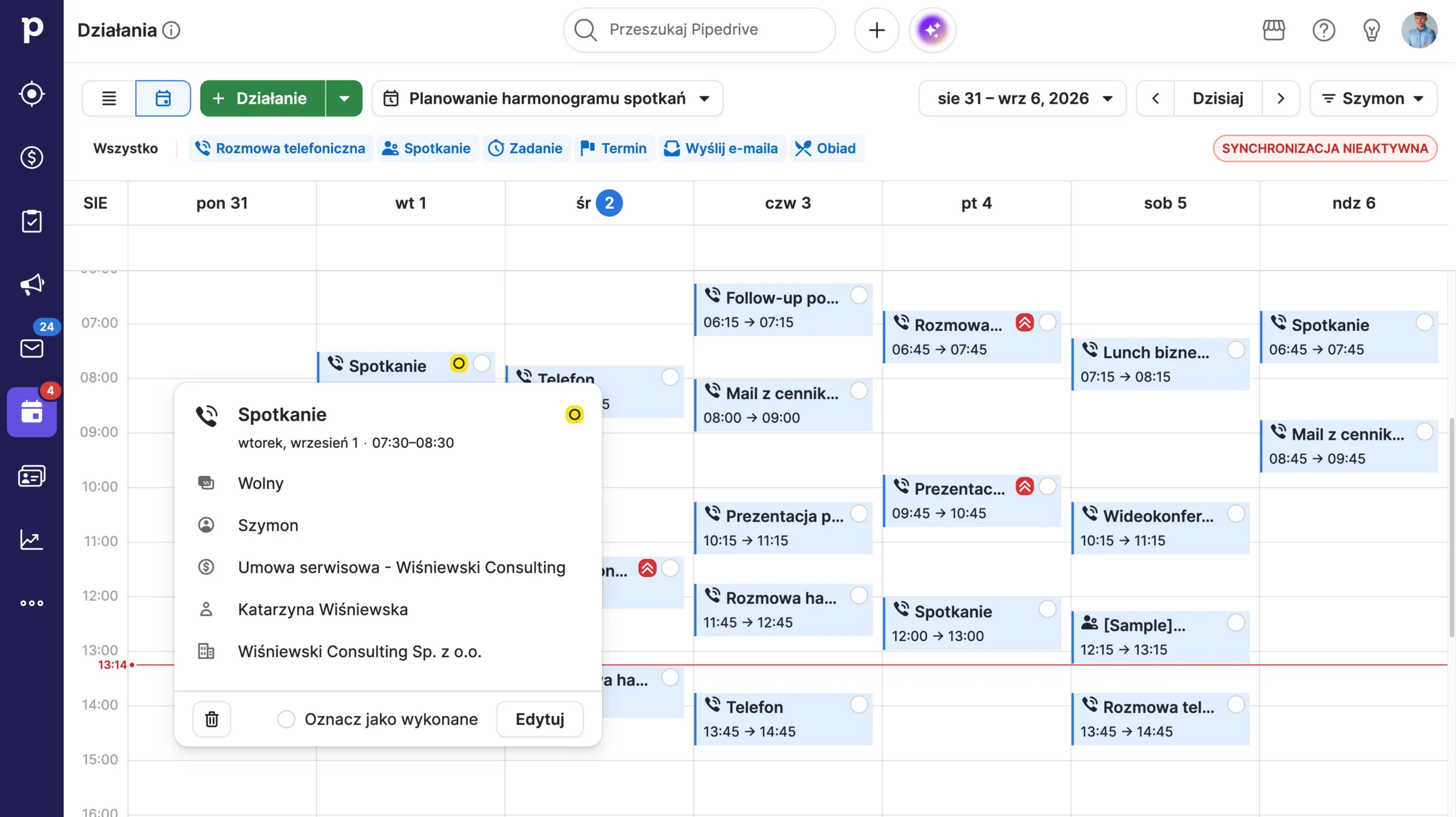 mój przykładowy kalendarz w pipedrive crm z działaniami sprzedażowymi w firmie