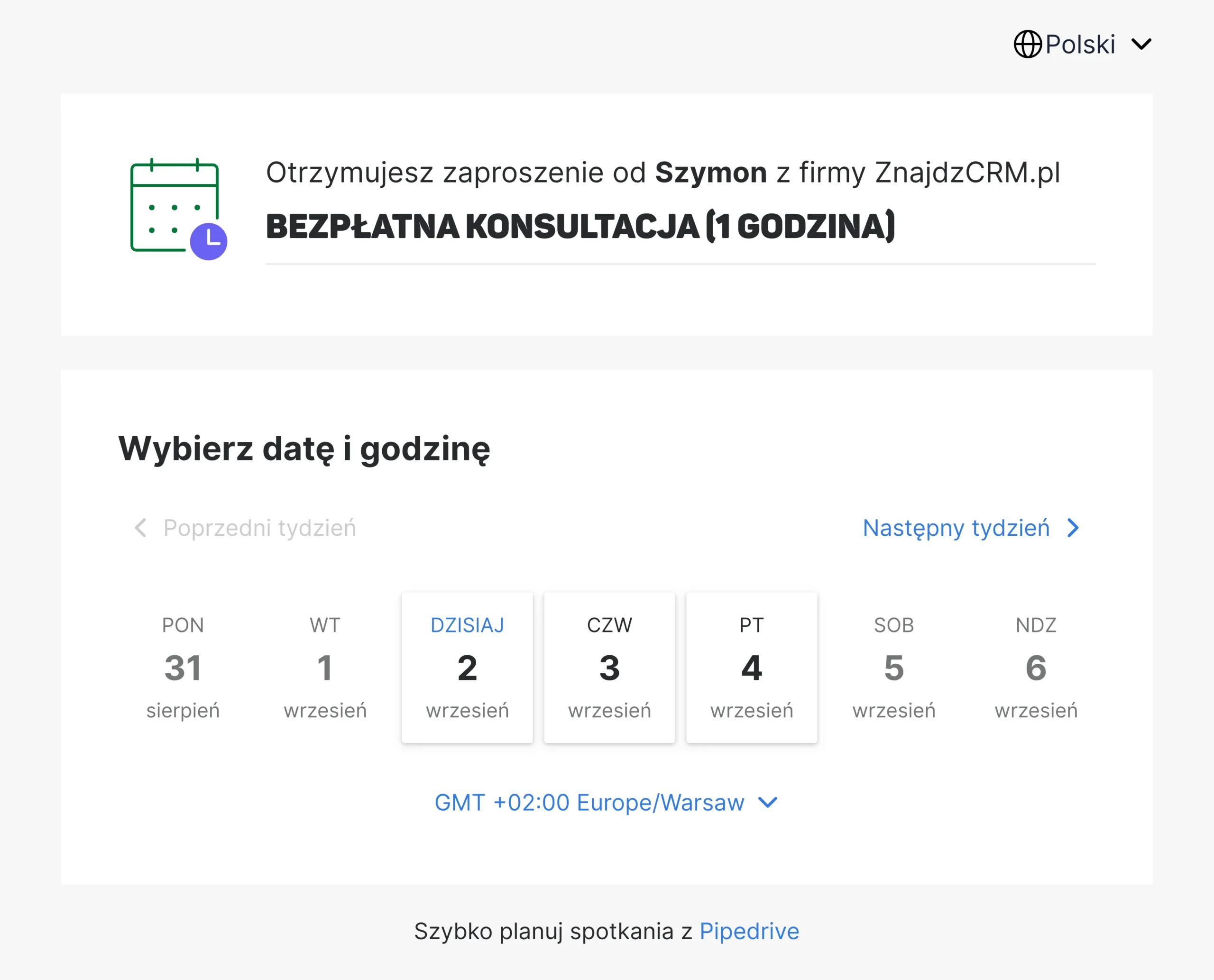 mój przykładowy terminarz spotkań stworzony w pipedrive crm