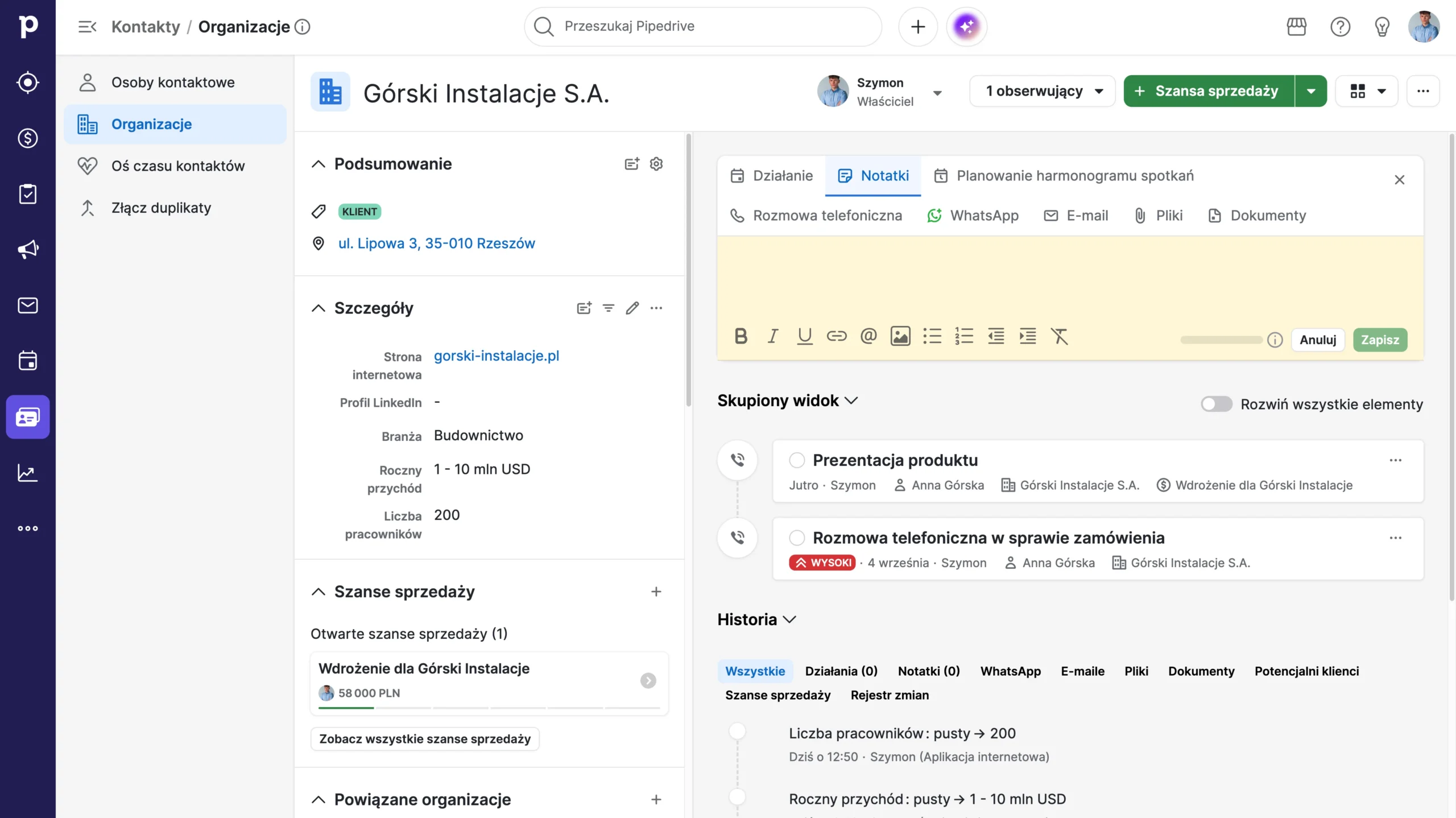 moja przykładowa karta firmy - organizacji - w pipedrive crm