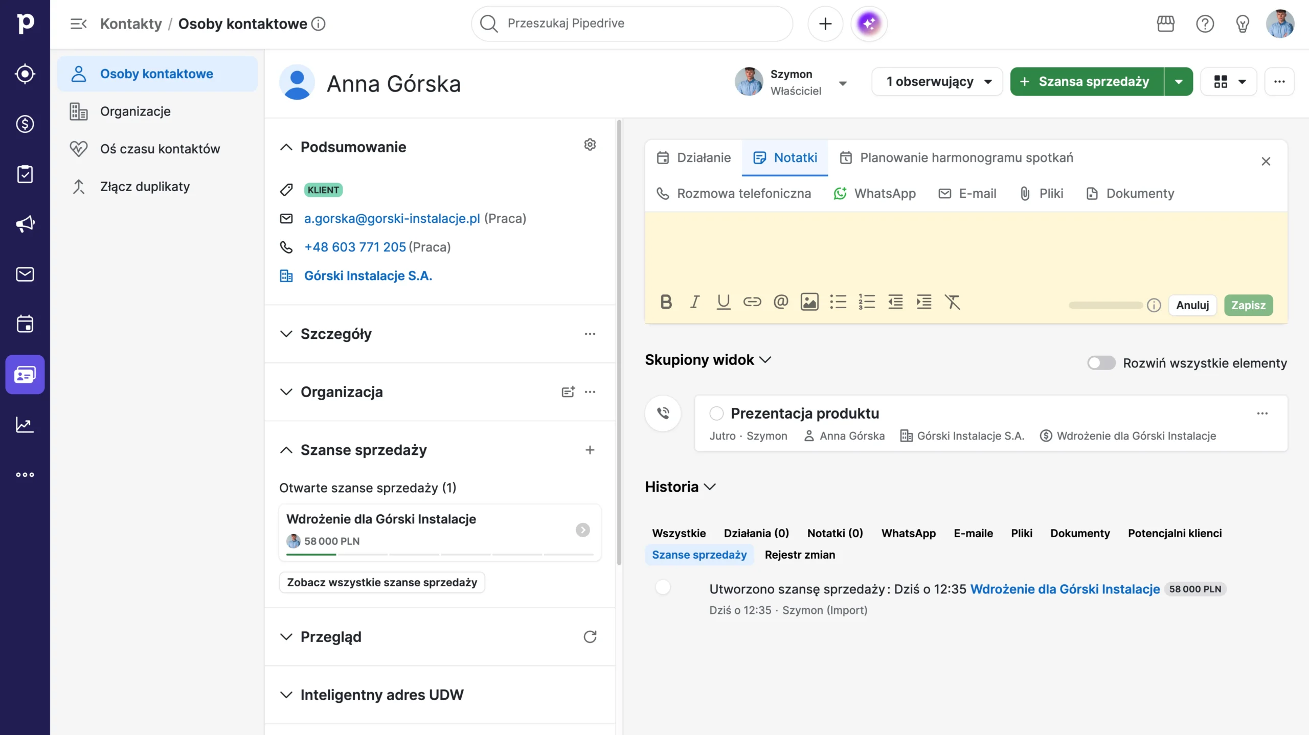 moja przykładowa karta kontaktu w pipedrive crm