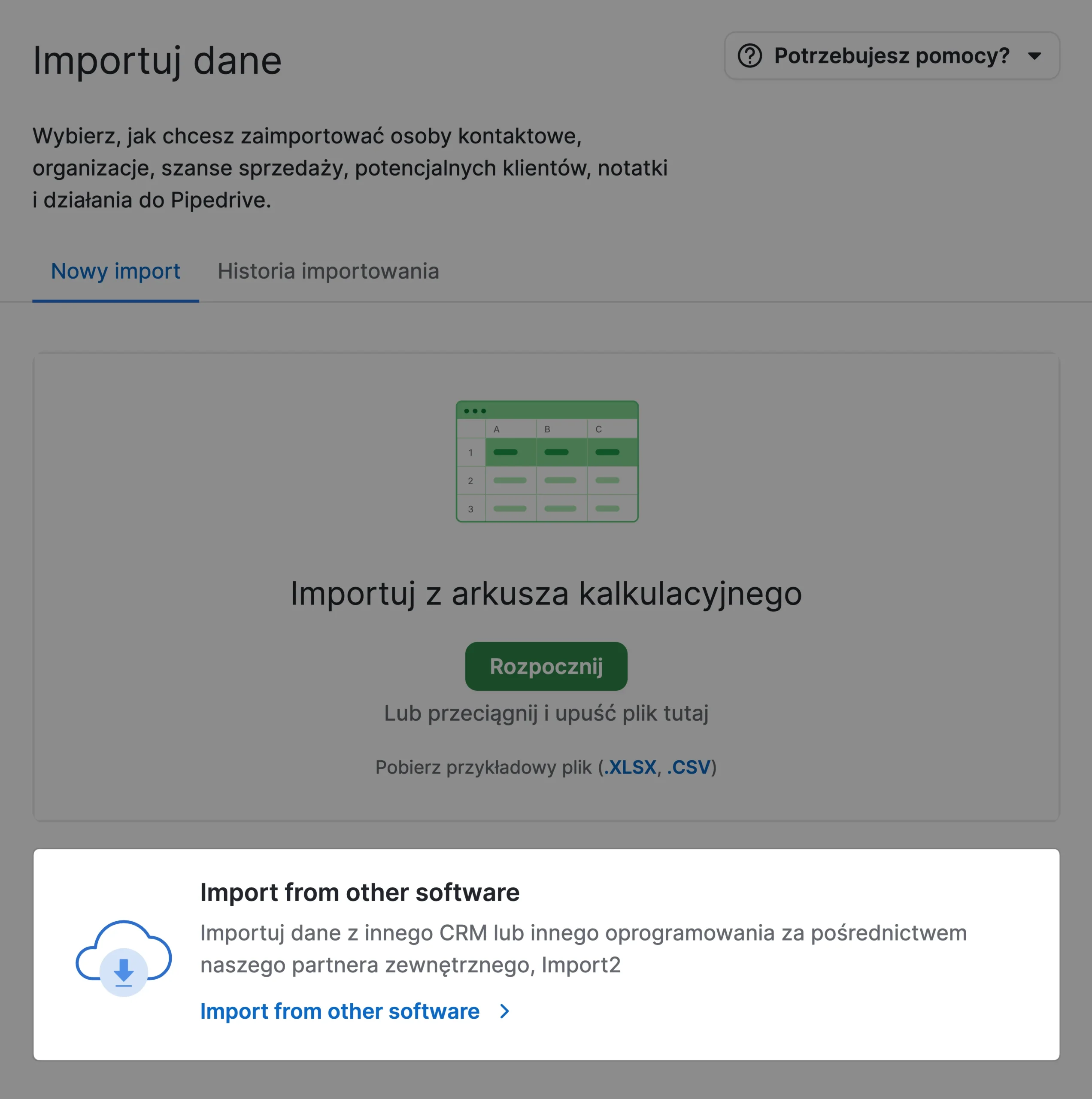 nie przetłumaczone zdanie przy importowaniu danych w pipedrive crm