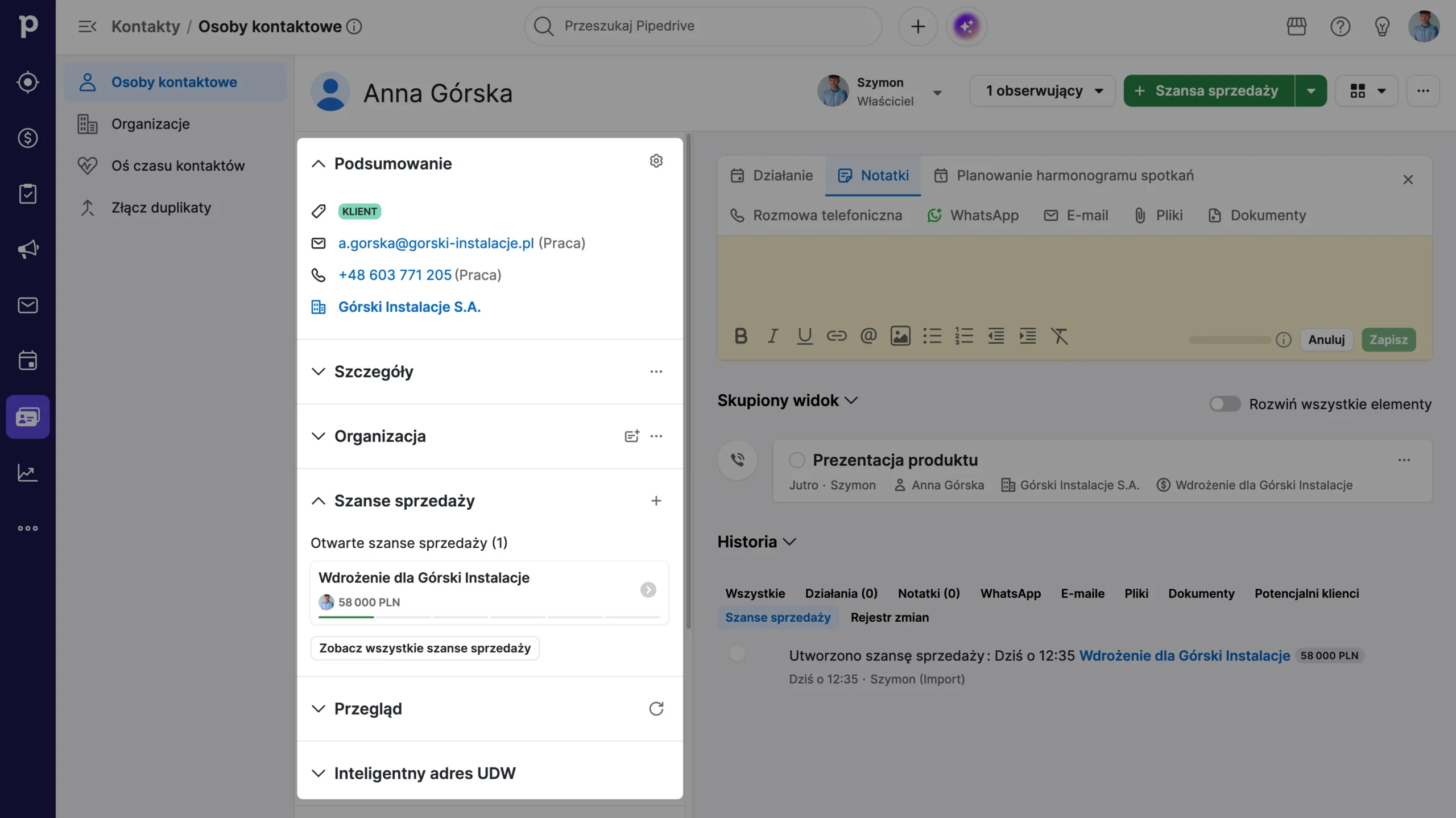 pierwsza połowa karty kontaktu w pipedrive