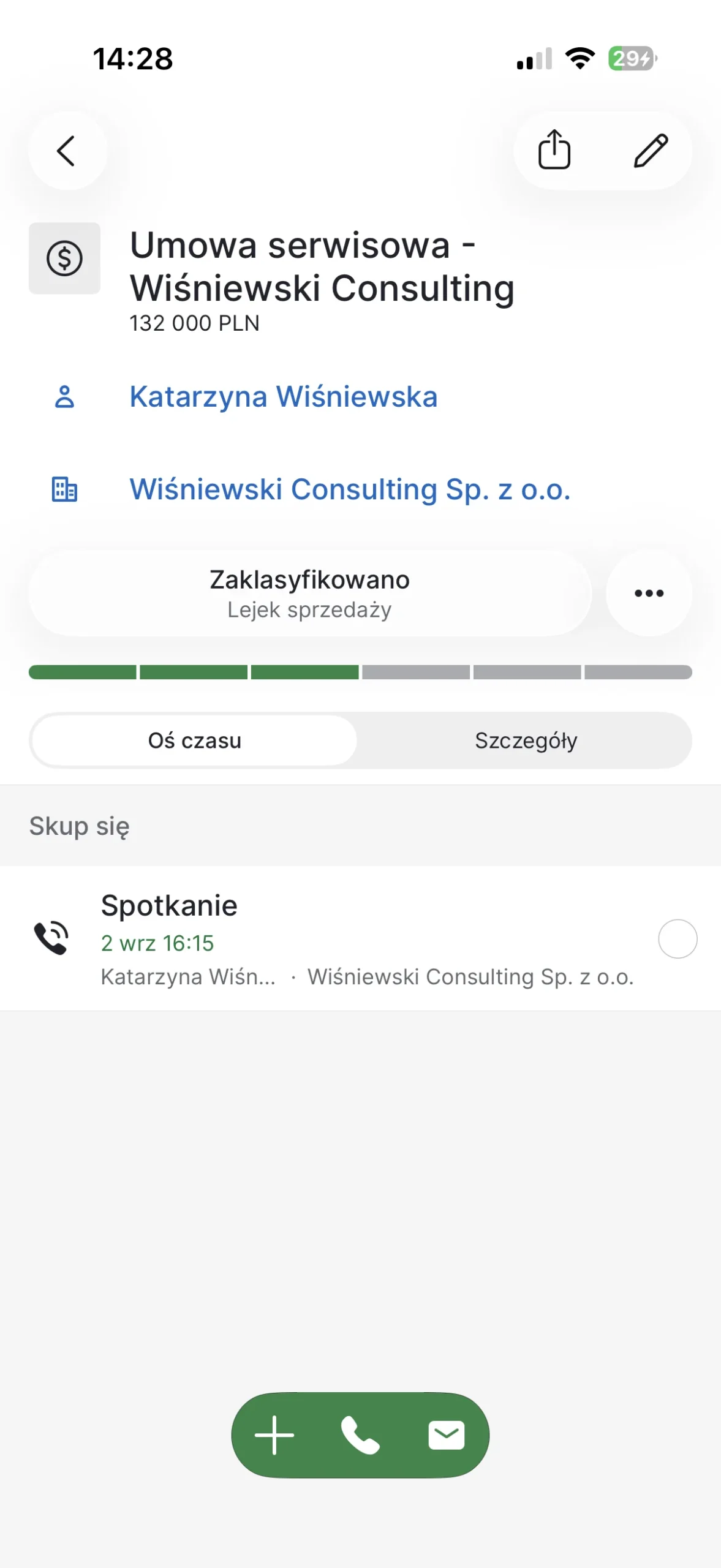 przykładowa szansa sprzedaży w aplikacji mobilnej pipedrive crm