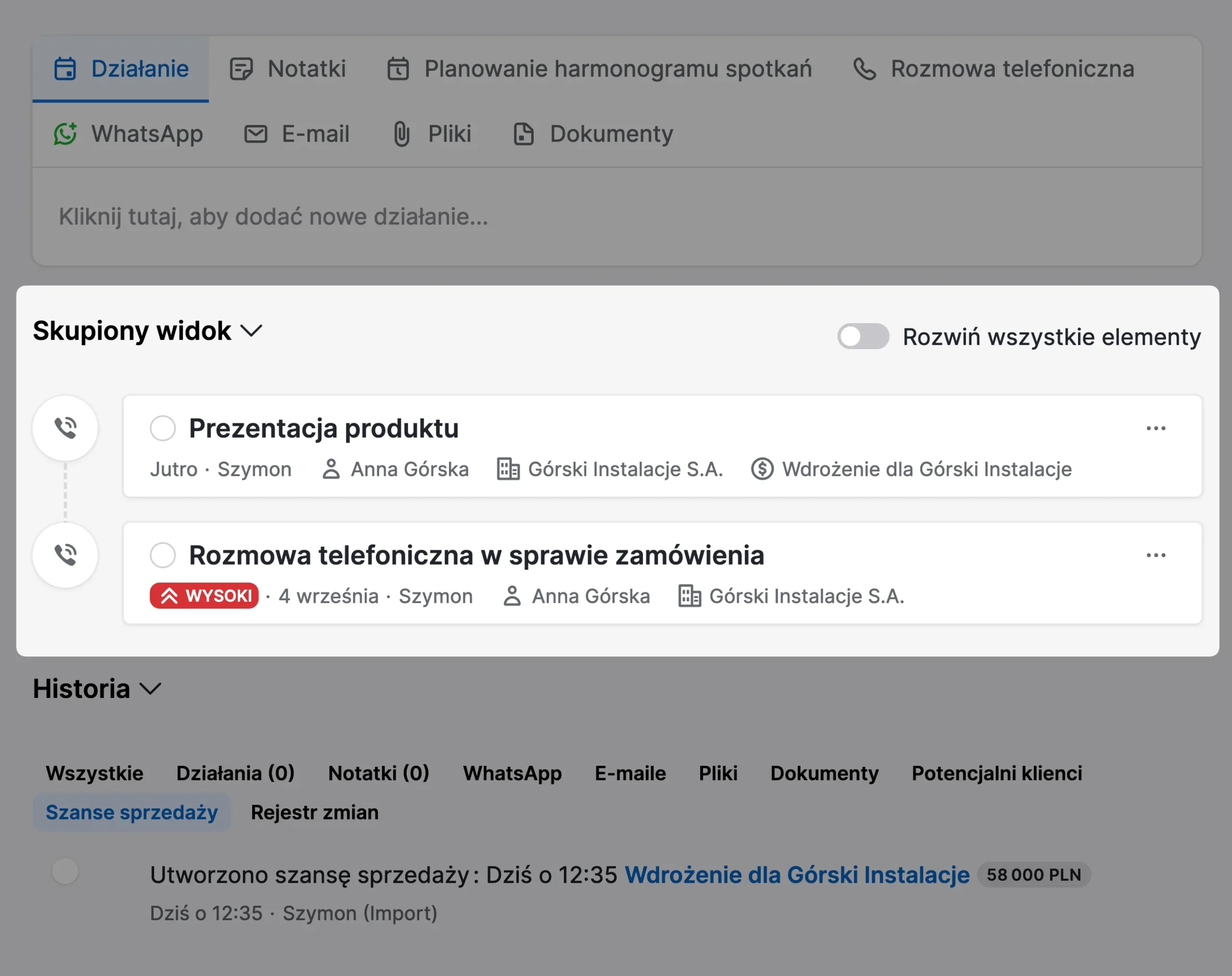 skupiony widok na karcie kontaktu w pipedrive crm z wszystkimi zaplanowanymi działaniami
