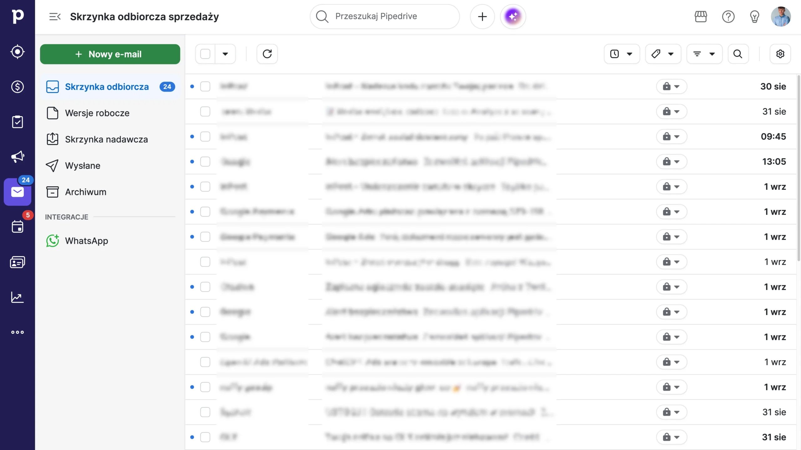 tak wygląda przykładowa skrzynka pocztowa e-mail w pipedrive crm - interfejs