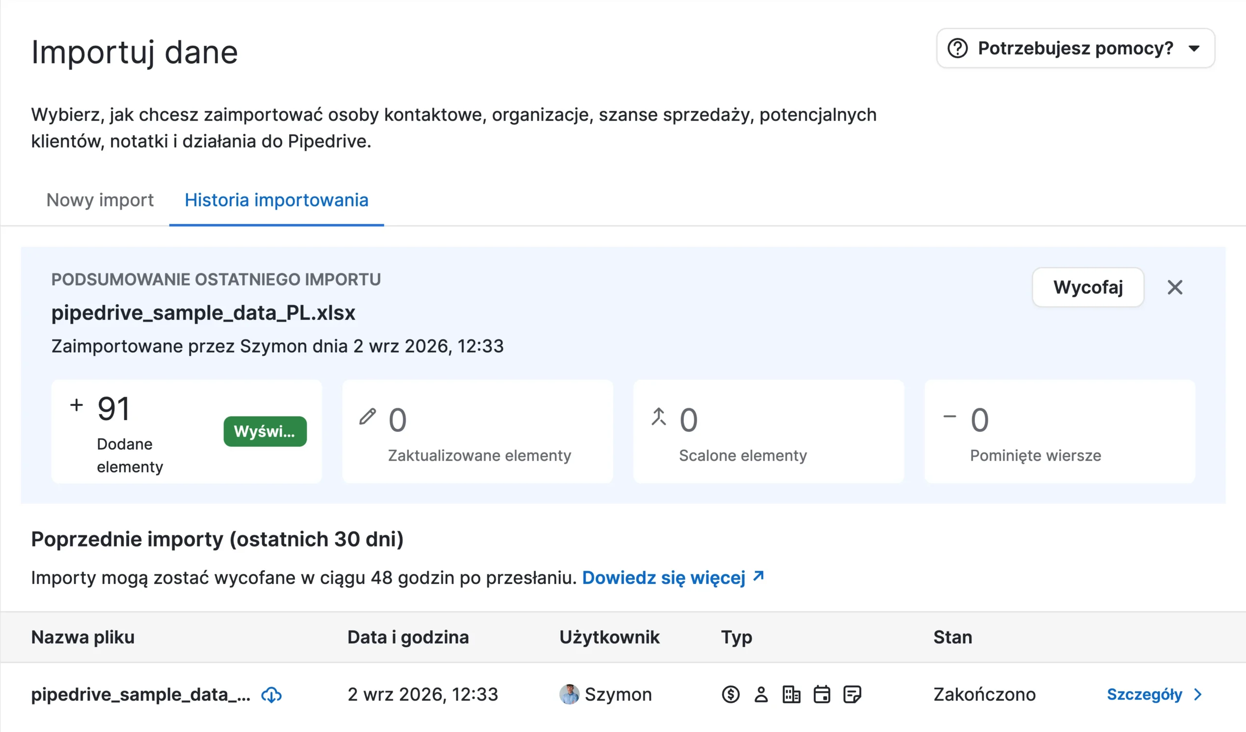 tutaj screenshot po moim imporcie danych do pipedrive