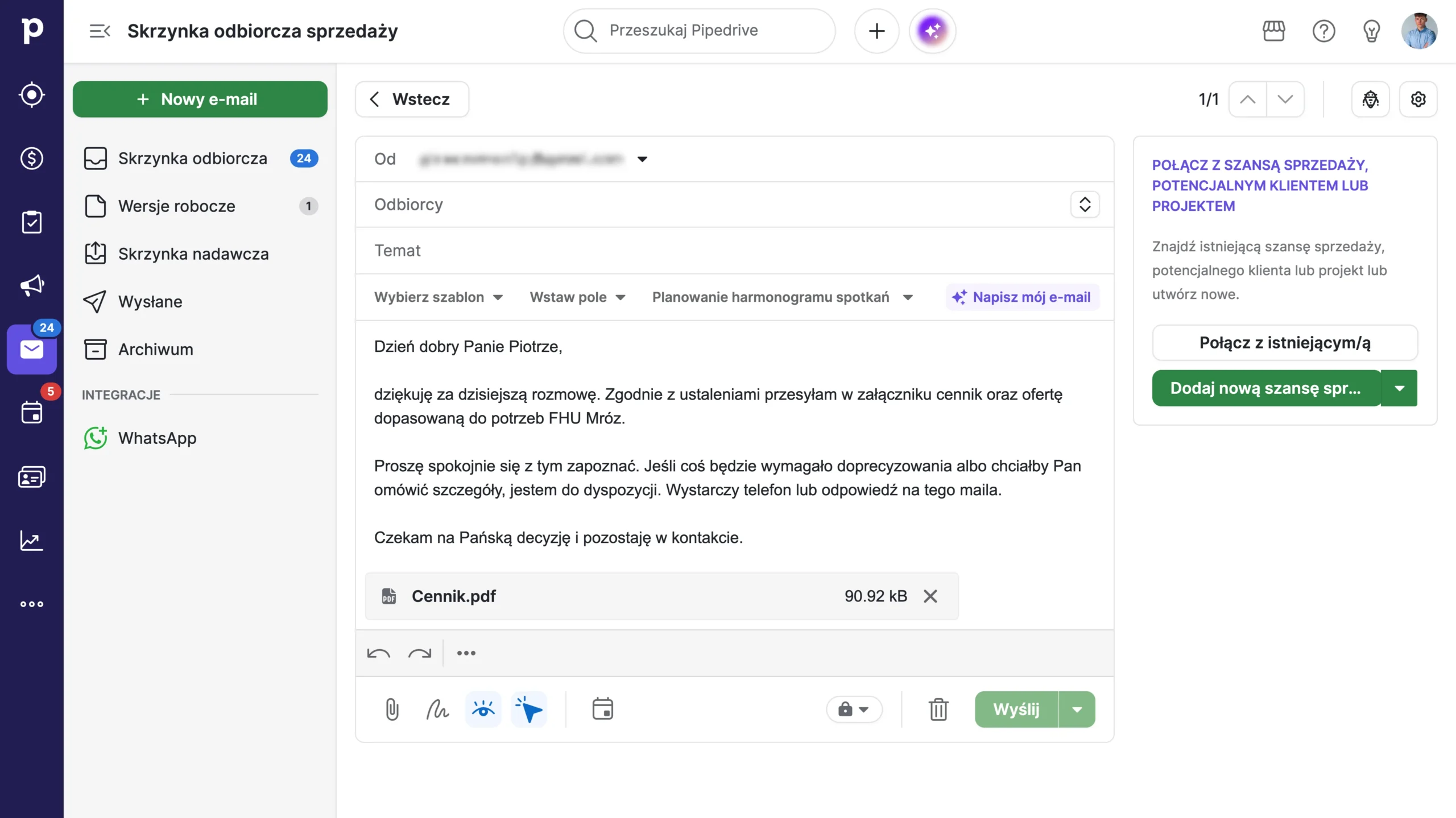 tworzenie nowego e-maila do klienta w pipedrive crm - interfejs kreatora e-maili - moja przykładowa wiadomość